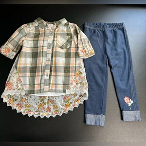 Little Lass Girl 24 Month 2 Piece Outfit Sparkle Lace Plaid Top Stretch Jeans